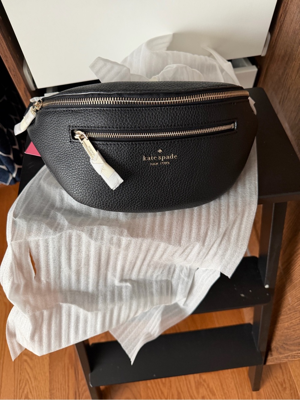 kate spade black pebbled leather crossbody belt bag with gold hardware
